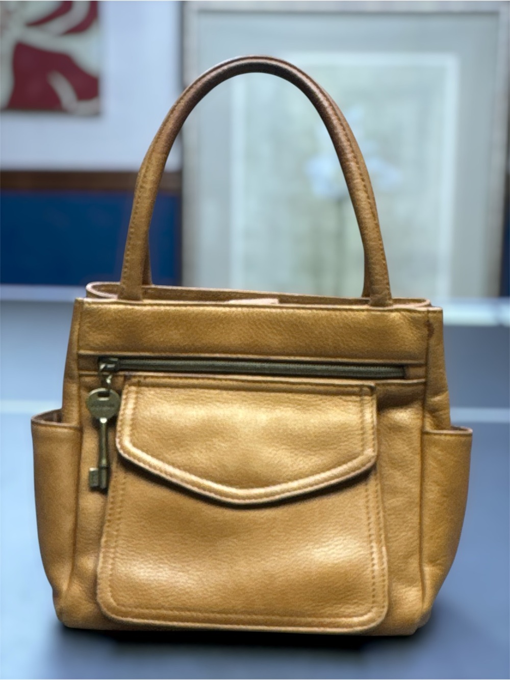 Vintage Fossil 75082 Women's Brown Leather Satchel Shoulder Handbag Purse w/ Key